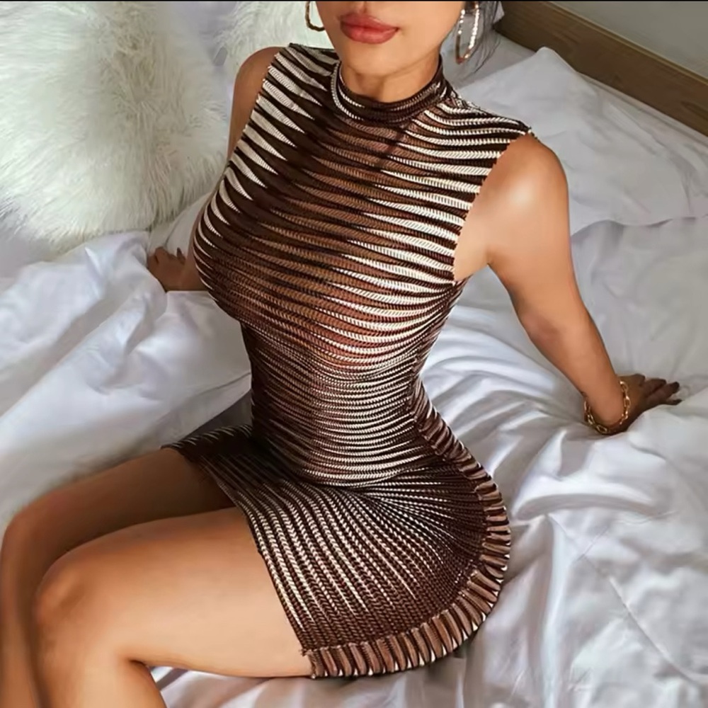 Brown mesh bodycon midi